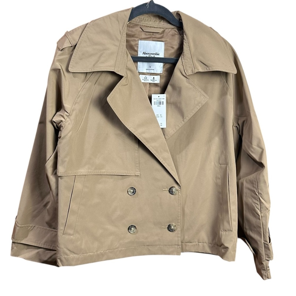 NWT Abercrombie and Fitch Relaxed Short Trench Coat In Caramel Size S - Picture 2 of 9